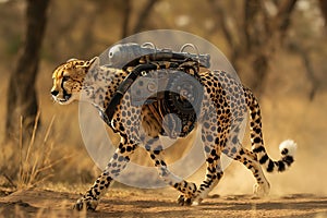 Cheetah with a mechanical augmentation walking in savannah