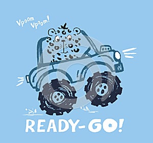 Cheetah monster, truck funny cool summer t-shirt print design. Racing car. Speed sport buggy