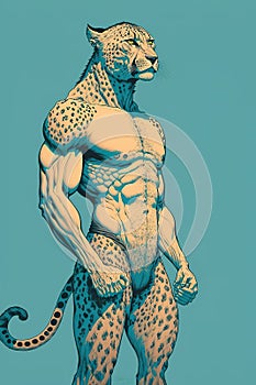 Cheetah with muscular human body of bodybuilder.