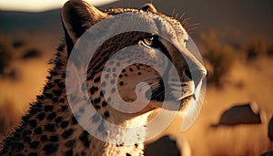 Cheetah Portrait in the morning sun in savannah. Generative AI