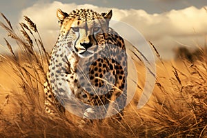 Cheetah Prowling For Prey In Savanna, Depicted Through Digital Art