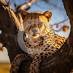 Cheetah relaxes on a tree in Serengeti National Park, Tanzania