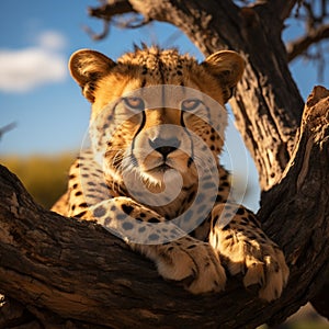 Cheetah relaxes on a tree in Serengeti National Park, Tanzania