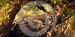 A cheetah resting in the shade of a tree photo