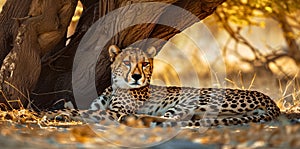 A cheetah resting in the shade of a tree photo