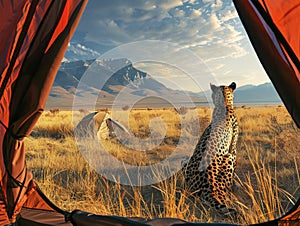 Cheetah resting in tent amidst grassy savanna landscape