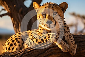 Cheetah resting on a tree trunk in Serengeti National Park, Tanzania