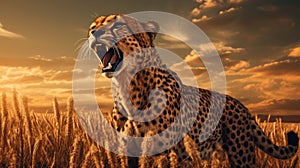 Cheetah Roaring At Sunset: Striking Digital Surrealism Artwork