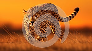 A cheetah running across the field at sunset, AI