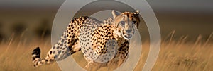 A cheetah running through a field of tall grass. AI generative image.