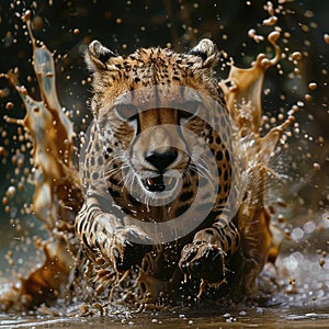 Cheetah runs quickly through dirty water. Front photo. Dynamics and power of wild predator.