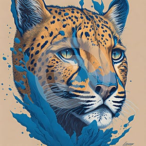 Cheetah\'s face and blue sand diffuse effect for t-shirt pattern or other.generative AI