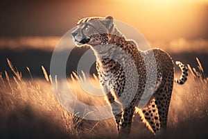 Cheetah at savanna on sunset sky background. Animal and nature environment concept. Generative ai