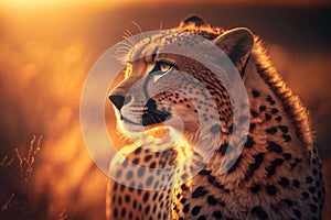 Cheetah at savanna on sunset sky background. Animal and nature environment concept. Generative ai