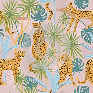 Cheetah seamless pattern. Tropical plants background.