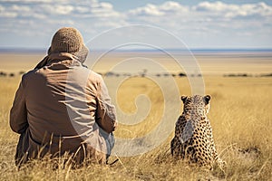 Cheetah sits on the back of a man in the savannah, rear view of Photographer taking picture of cheetah in Masai Mara, Kenya, AI