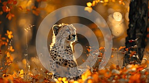 A cheetah sitting in the middle of a field with leaves and trees, AI