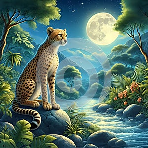 A cheetah sitting on rock by water side of river, watching over the jungle, in moonlit night, wildplants, trees, painting art photo