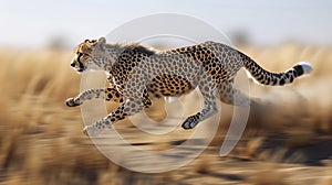 Cheetah sprinting in photorealistic medium shot across the vast african savanna landscape