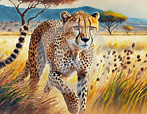 Cheetah stalking fro prey on savanna, digital art photo