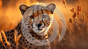 A cheetah is standing in tall grass at sunset, AI