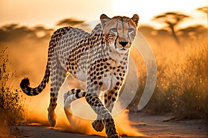 Cheetah in Stride: Across the African Savanna, Dust Billowing Under Powerful Limbs, Eye-Level Perspective