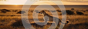 A cheetah surveys the vast savannah for prey. Wildlife website banner.