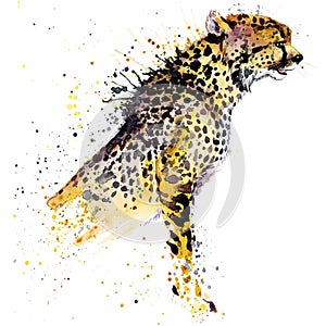 Cheetah T-shirt graphics, African animals cheetah illustration with splash watercolor textured background