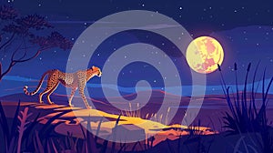 The cheetah walking alongside the full moon in the african desert landscape at night. Wild animals with spotted fur