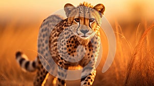 A cheetah is walking through the grass at sunset, AI