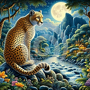 A cheetah watching over the jungle, sitting on rock, by water side of a river, wildplants, flowers, moonlit night, painting art photo