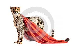 cheetah wearing a superhero cape, highlighting its reputation as the fastest land animal.