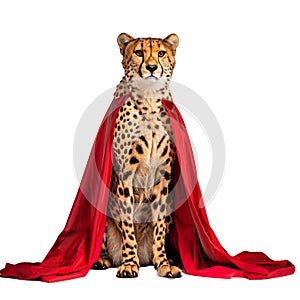 cheetah wearing a superhero cape, highlighting its reputation as the fastest land animal.