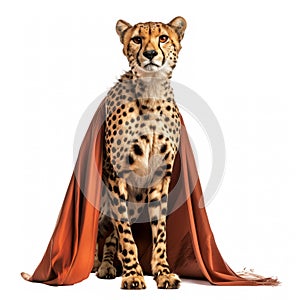 cheetah wearing a superhero cape, highlighting its reputation as the fastest land animal.