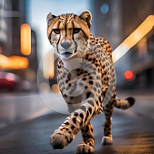 A cheetah wearing a superhero costume, speeding through a city1