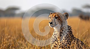 Cheetah wild cat in yellow grass on large safari valley background.Macro.AI Generative