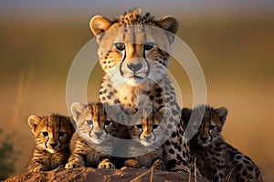 Cheetahs family. Mother Cheetah with her cubs. Amazing African Wildlife. Generative Ai