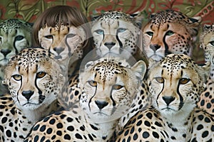 Cheetahs with human faces and eyes, AI generated