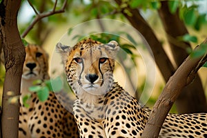 cheetahs resting in the shelter of trees