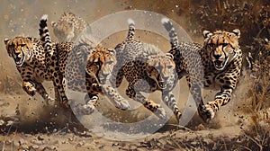 Cheetahs running through the plains, Cheetahs running in the dust