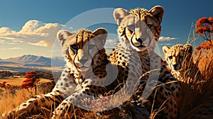 cheetahs watching prey. Acinonyx Jubatus looking for prey. generative ai
