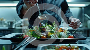 Chef Adding Dressing to Salad. AI generated