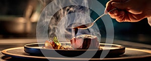 The chef adding sauce to a beautifully plated gourmet steak dish..AI generated image photo