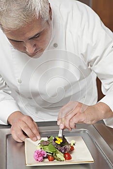 Chef Arranging Edible Flowers On Salad