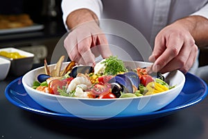 chef arranging a seafood medley on a blue ceramic dish