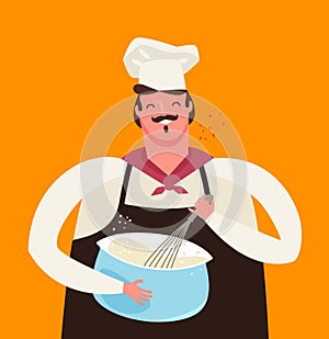 Chef or baker whips dough in kitchen. Cooking vector illustration photo