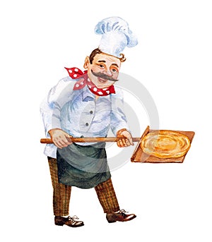 The chef bakes a pizza. Watercolor.