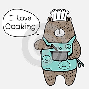 Chef Bear Is Cooking. Brown Bear Wearing An Blue Apron Say `i Love Cooking`.