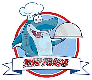 Chef Blue Shark Cartoon Mascot Character Holding A Platter Over A Ribbon Banner