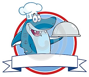 Chef Blue Shark Cartoon Mascot Character Holding A Platter Over A Ribbon Banner